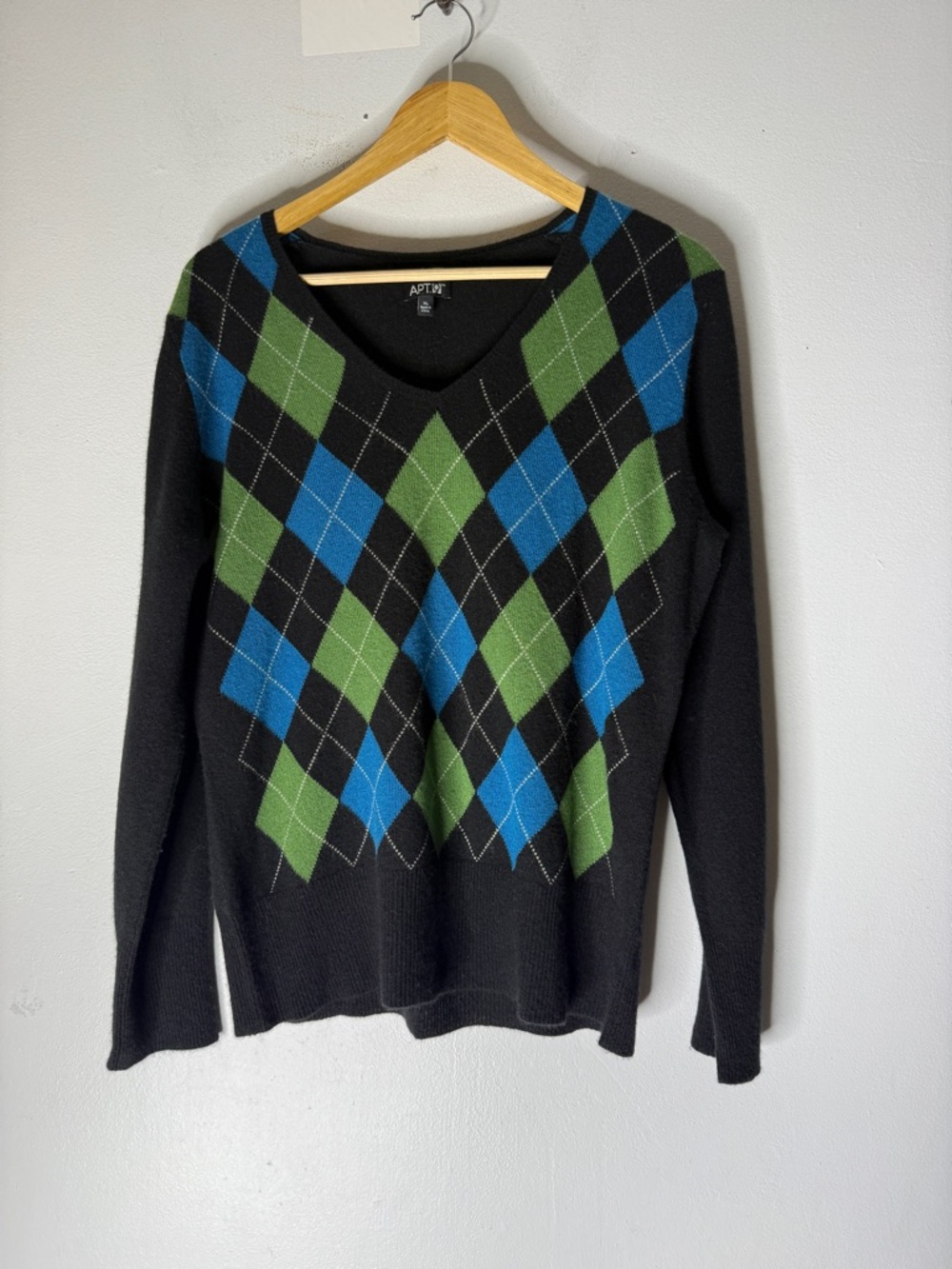 Apt.9‎ Cashmere Sweater Women’s XL Black Argyle Diamond Print V-Neck Preppy